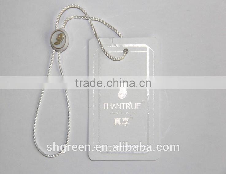 Hot stamping silver white paper hangtag with plastic string tag