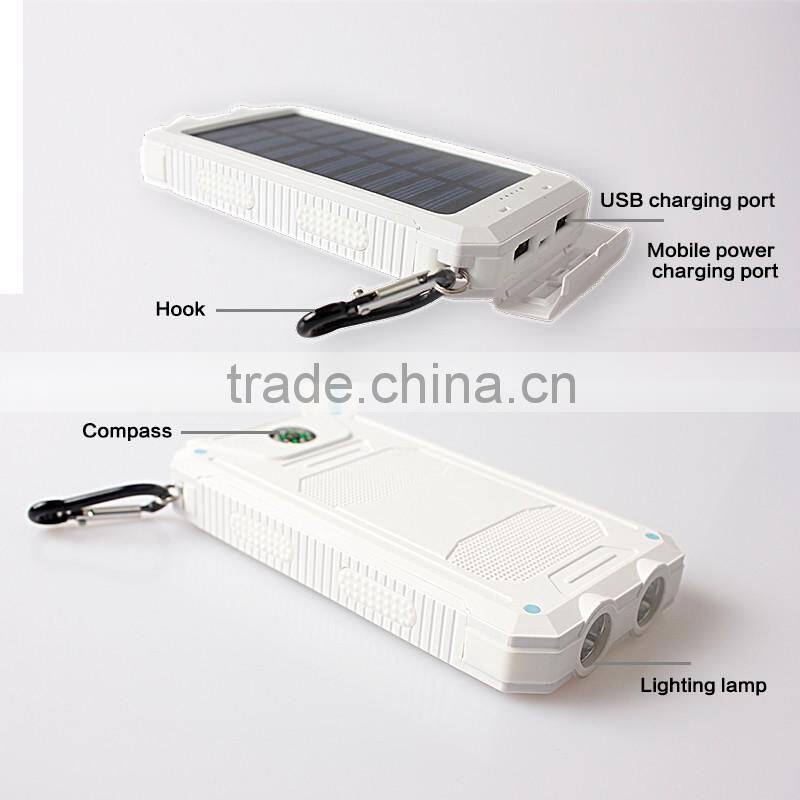 Outdoor survival waterproof solar mobile power bank charger with hook 10000mah