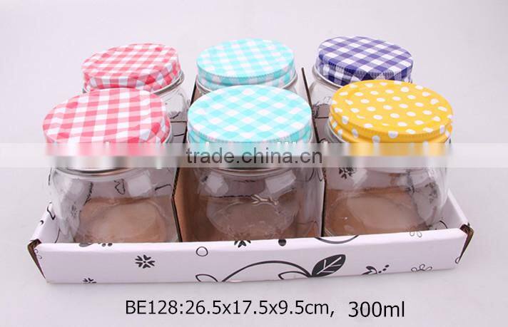 6pcs glass mason jars with color metal lid in a paper tray