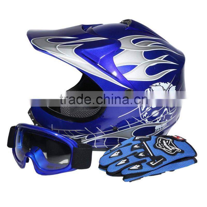 Youth Blue Skull Dirt Bike ATV Motocross Helmet Goggles+Gloves+Interphone S M L