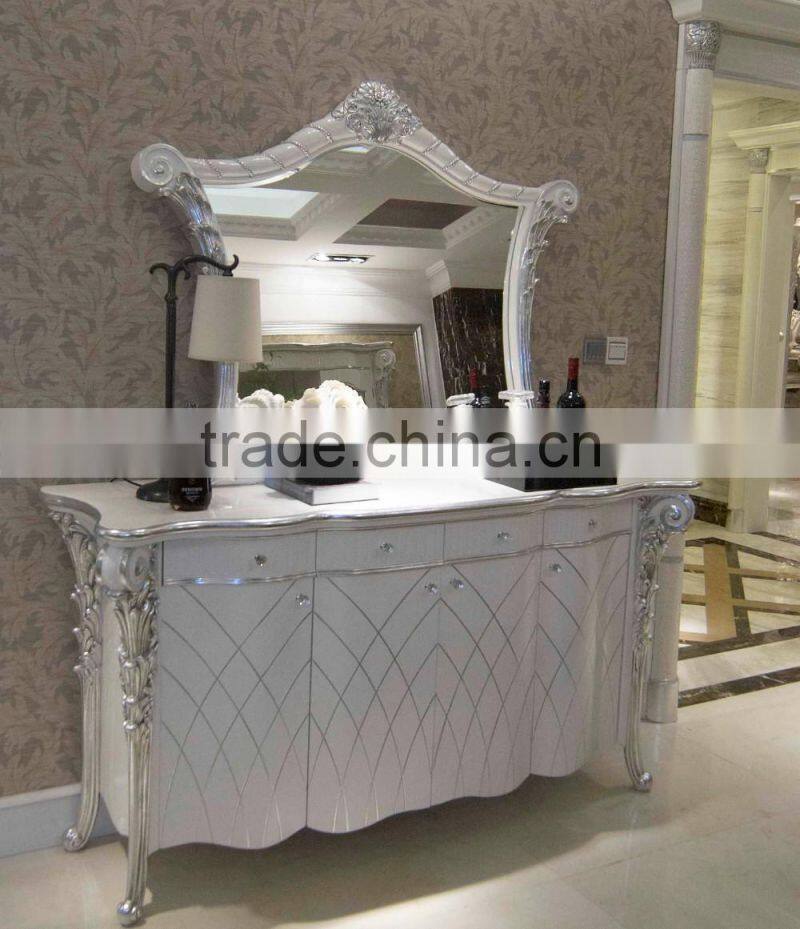 Louis XVI Style Neoclassical Buffet Table Set, White Ornate Buffet and Mirror Set with Tidy Line