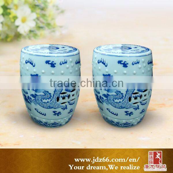 Porcelain round garden stool Cobalt blue painted ceramic stool