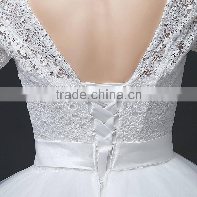 MGOO Custom Made Less 100 USD Tulle Lace Applique Wedding Dress Slash Neck 3/4 Sheer Neck Elegant Handmade