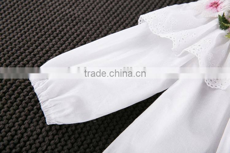 Children's 2017 girls flower embroidery long sleeve white shirt lace collar little girl strapless shirt tank top
