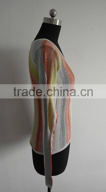 Ladies 100%cotton vertical stripe knitted cardigan sweater