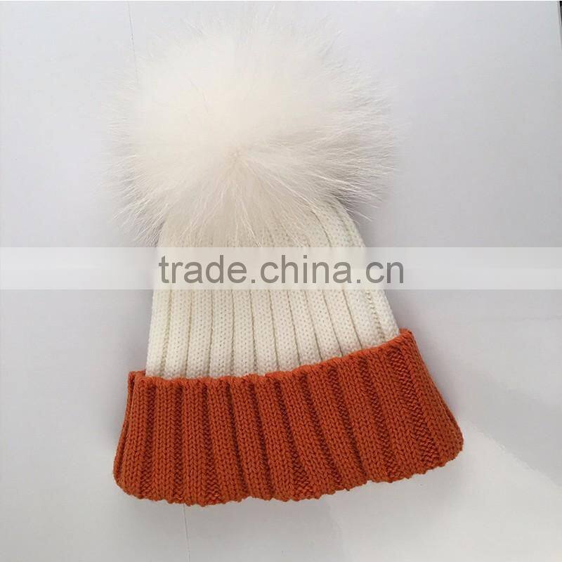 Myfur Fashion Women Bi-color Wool Beanie Hat with Real Raccoon Fur Bobble Poms