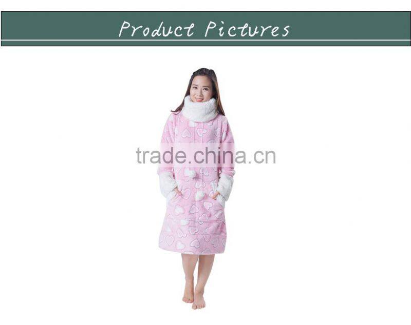 Popular Long Style Design Cute Girls and Women's Coral Fleece Night Skirt Hearted Bathrobe and with Round Collar