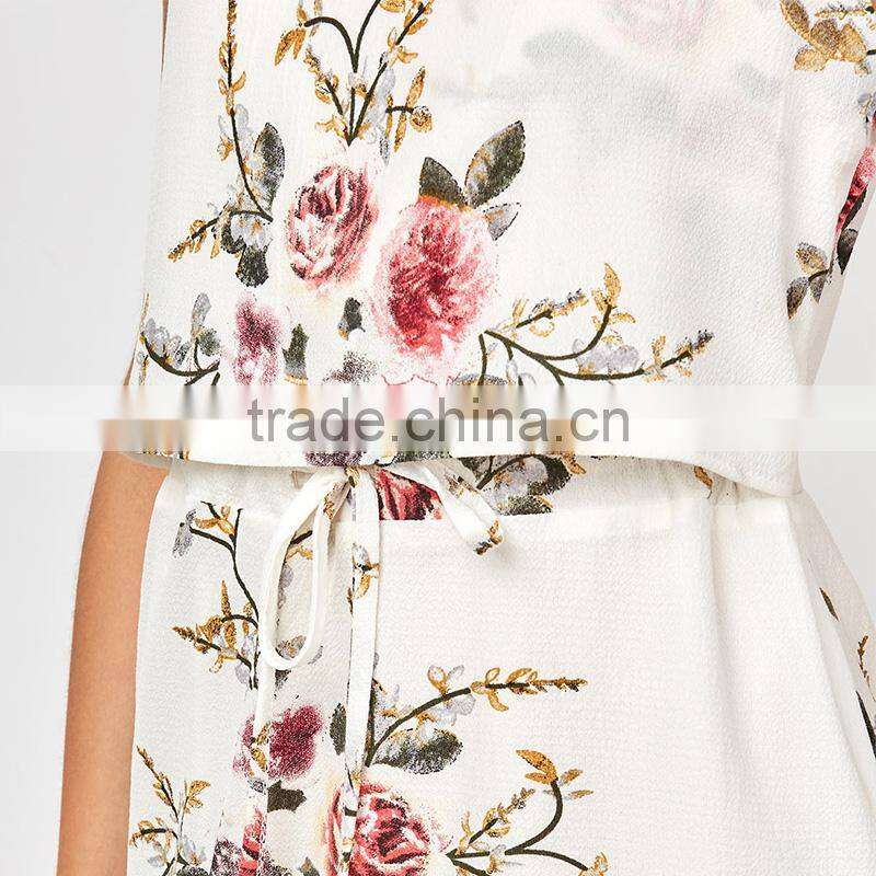 Slip floral printed drawstring waist asymmetric chiffon women dress
