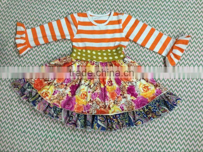 2015 baby stripe top flower dress and stripe ruffle pants baby clothing set baby dresses YW-075