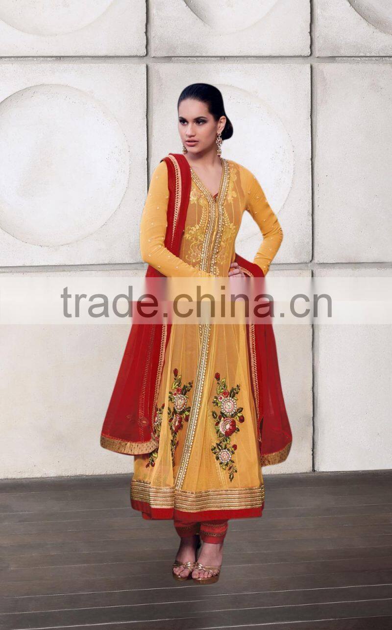 Yellow color on brown with purple color on embroidery heavy design jacket long Anarkali Designer Semi Stitch Salwar Kameez