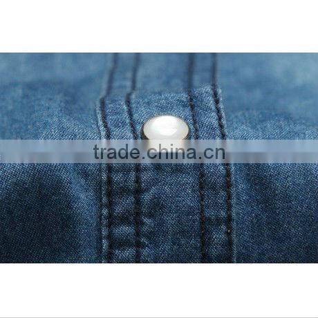 new lady's long sleeve loose casual contrast color denim shirt with two pockets