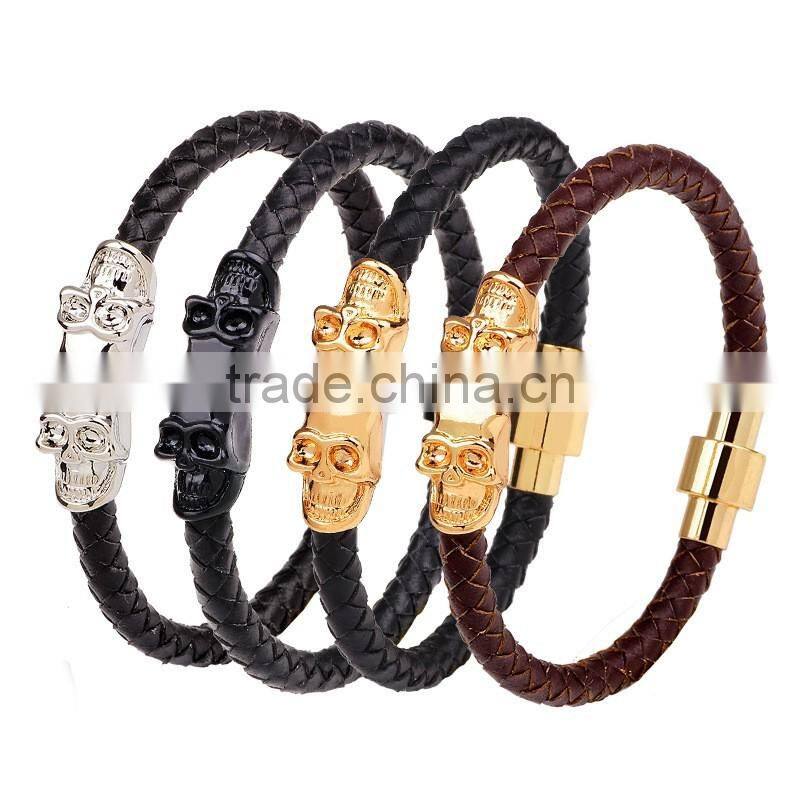Hot Selling Leather Men Skull Bracelet Magnetic buckle Twin Skeleton Charm Bracelet