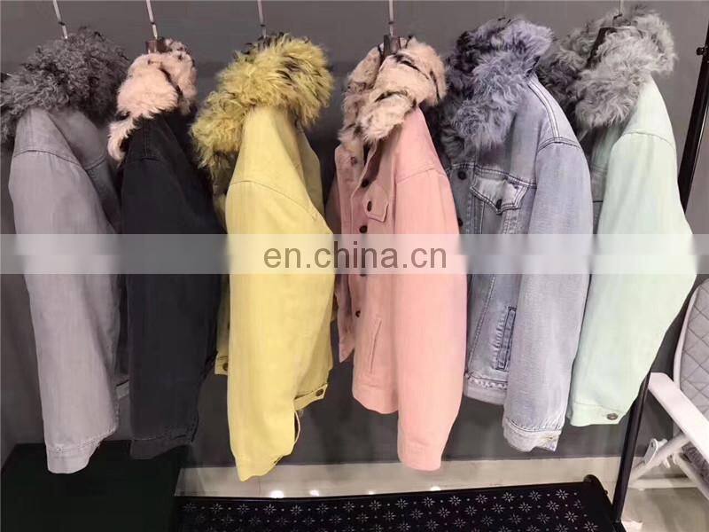 Fashion Wholesale Real Fur Lining Denim Jacket Women Lamb Fur Coat