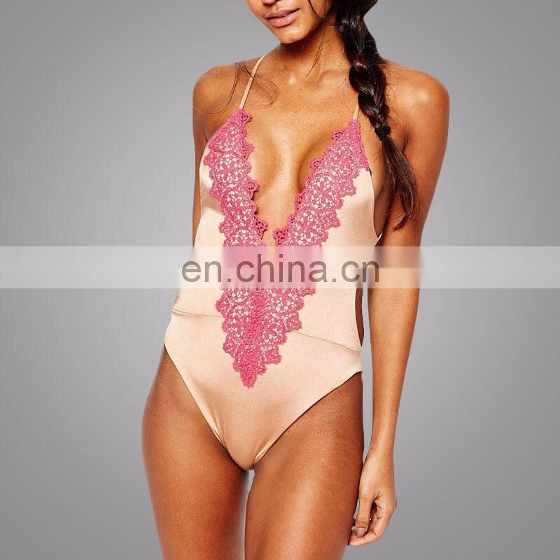Wholesale Products Girl Embroidered Sexy swimming Wear Deep V-neck Swimsuit Backless Beachwear Cross Bandage Apparel