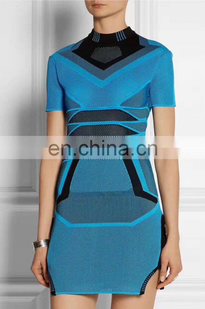 Amigo 2017 latst blue short sleeve jacquard weave sexy bandage dress evening dresses for girls party wear