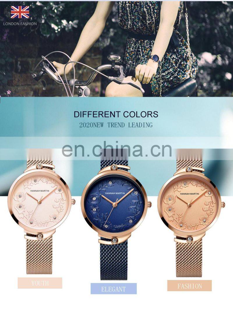 Hannah Martin 119 New Hot Sale Women Watch Rhinestone Embossed Rose Gold Mesh Belt Japanese Movement Waterproof Quartz Watch
