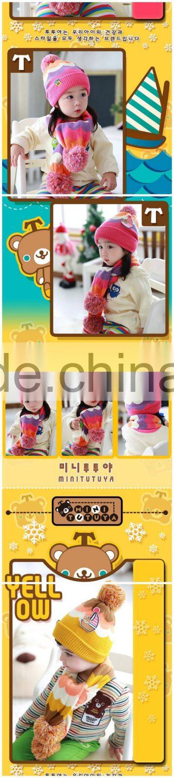 Fashion Brand New Sailing Boat Applique Knitted Pom Pom Children Wool Hat and Scarf