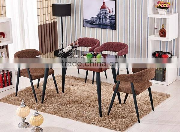 glass top wooden color steel leg dining table with tempered glass top