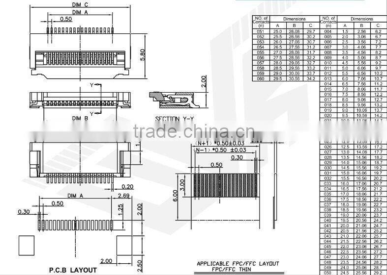 Pitch 0.5mm H=2.0 High Quality FPC Connector Bottom Type