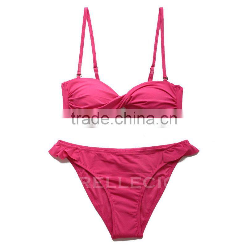 RELLECIGA Hot Pink Girl Twist Bandeau Bikini Swimwear with Ruffle Trim at Bottom