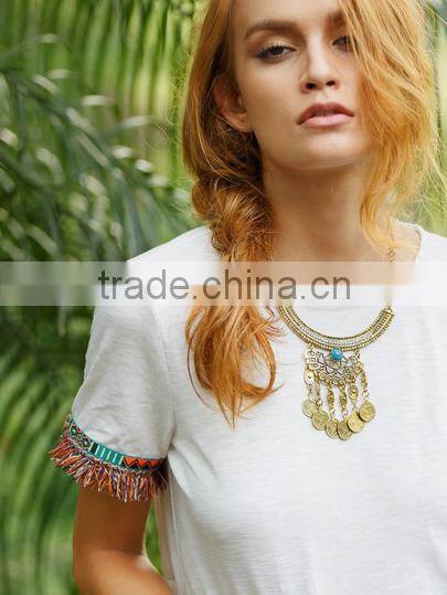 Two-piece-outfits latest fashion design women clothing White Fringe Trim Short Sleeve T-shirt With Shorts