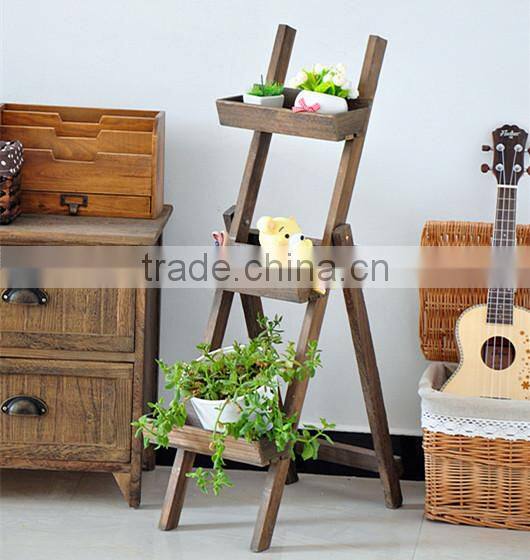 Popular design 2 layer garden antique wall hanging wood shelf with hooks