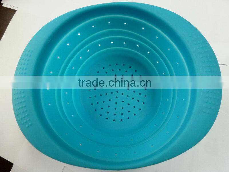 Food grade Silicone kitchen utensil collapsible silicone colander strainer with stainless steel handle