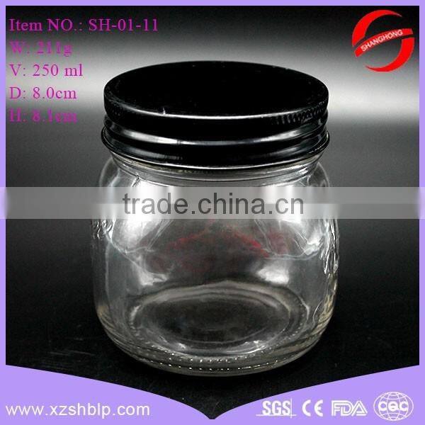 Hot sale 250ml embossed patterns glass jam jar with black screw cap