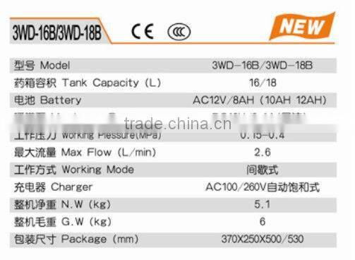 CE Certificate Electric Sprayer / Batter Sprayer AC12/8AH 16L/18L/20L