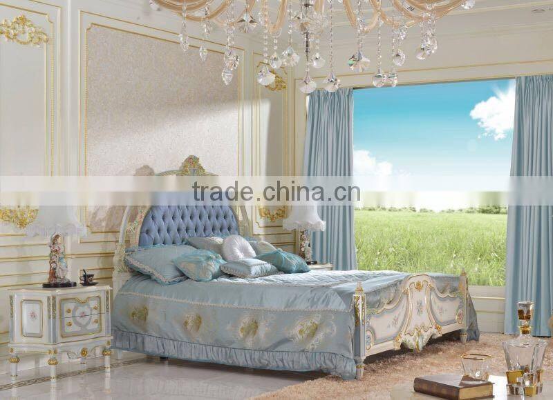 Sky Blue with Gold Trim Children Dresser Table and Mirror Set, Elegant Bedroom Furniture with Hand Painting