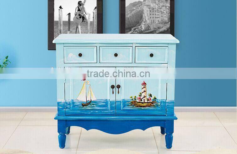 Mediterranean Style Storage Cabinet, Sailing Boat Handpainting Living Room Cabinet, Pastoral Solid Wood Cabinet (BF01-X1149)