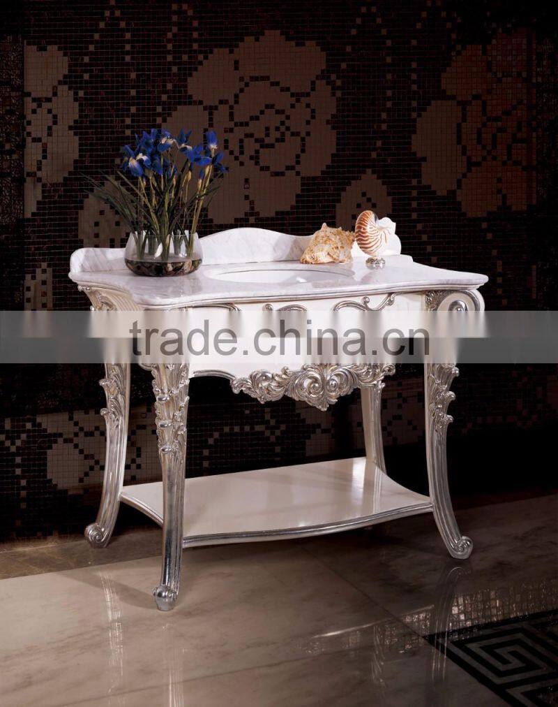 Hand Carved Wooden Single Bowl Bathroom Room Vanity Sink Marble Top