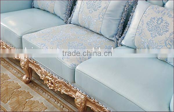 Champagne gold color flower hand carving light blue leather sofa set