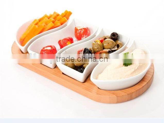 Four Sets Ceramic Food Serving Dish With Wood Stand
