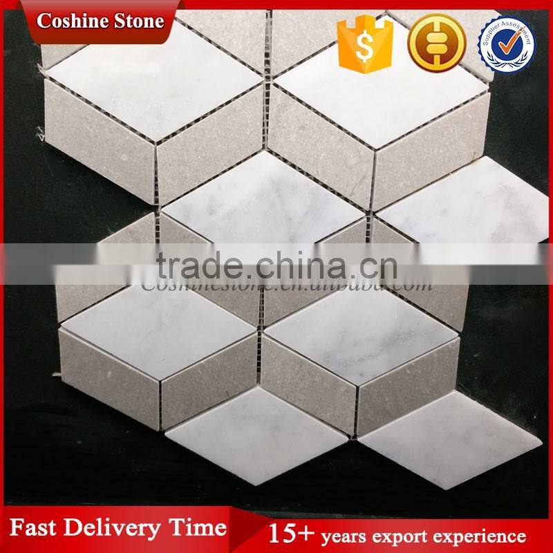 3d Rhombus shaped white cream marble stone mosaic for bathroom floor