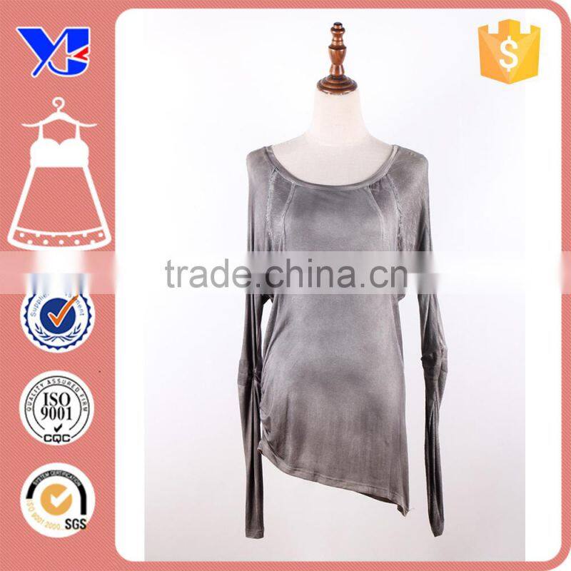 Grey Fashion Viscose Bodycon Low Neck Autunm Fashion Irregular Hem Blouse