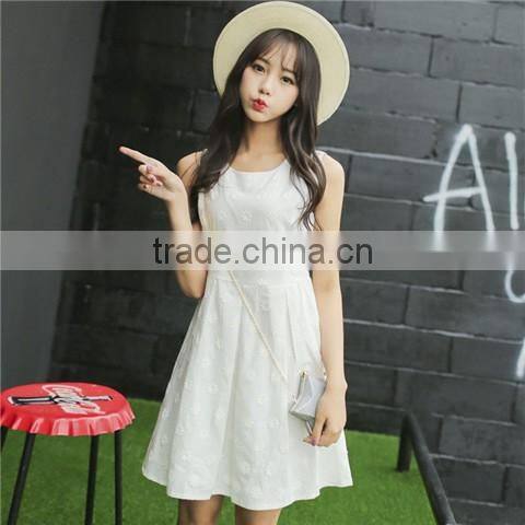 summer new design young lady dress fashion printed cotton linen A-LINE embroidered dress Sleeveless vest dress