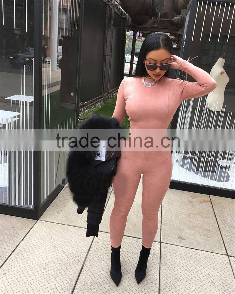 Runwaylover 074 New Style 2017 Ladies Fashion Two Piece Suits , Women Suede Crop Top And Tight Pants