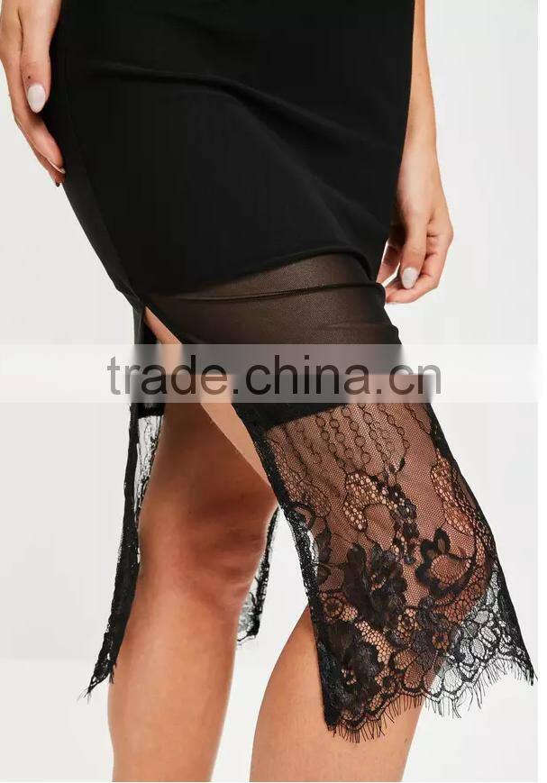 New Design Woman Lace Panel Split Hem Long Sleeve Bodycon Midi Party Dress