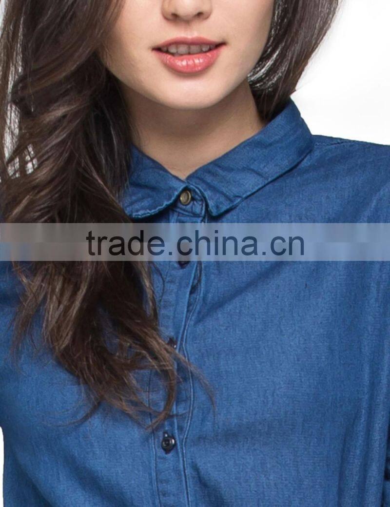 Ladies new design jeans long sleeve casual cotton longline curved hem shirt/blouse