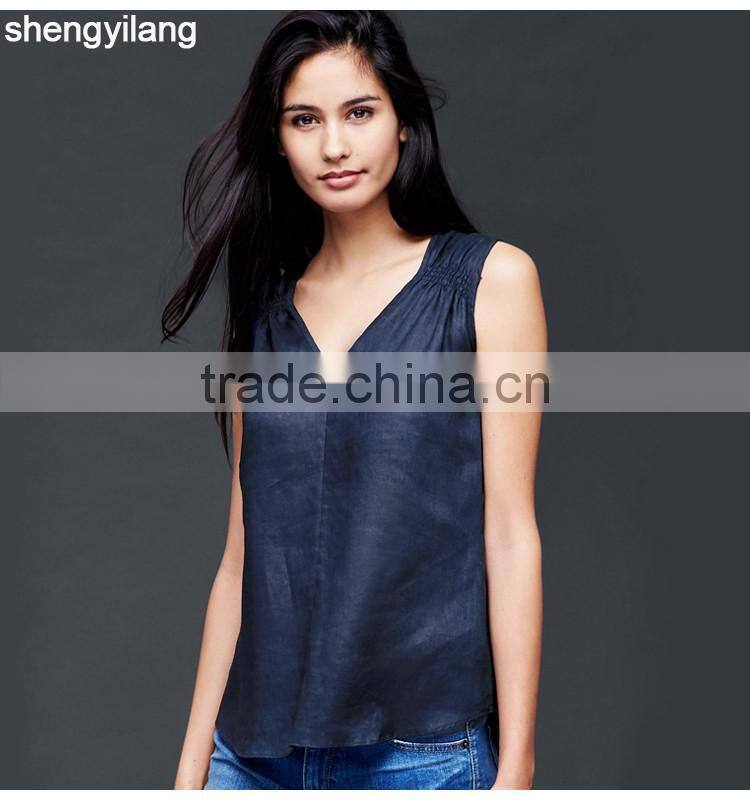 2016 newest product pure color leisure 100% linen vest custom high quality comfortable ladies tops