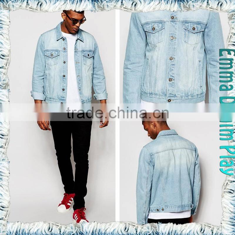 Fashionable Mens Trench Blue White Cotton Denim Long Sleeve Jacket
