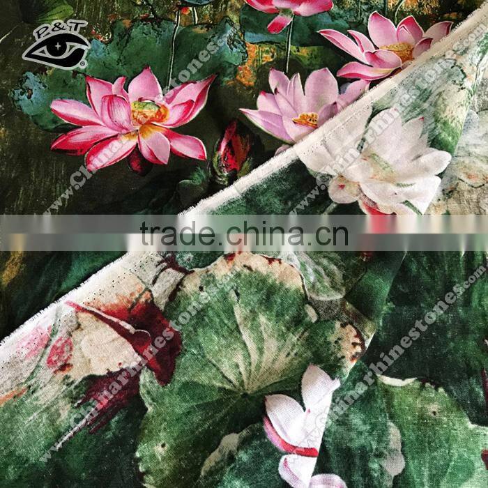 Chinese Style Fabric Lotus Printed Cotton Linen Fabric Fo Cloth Househoud