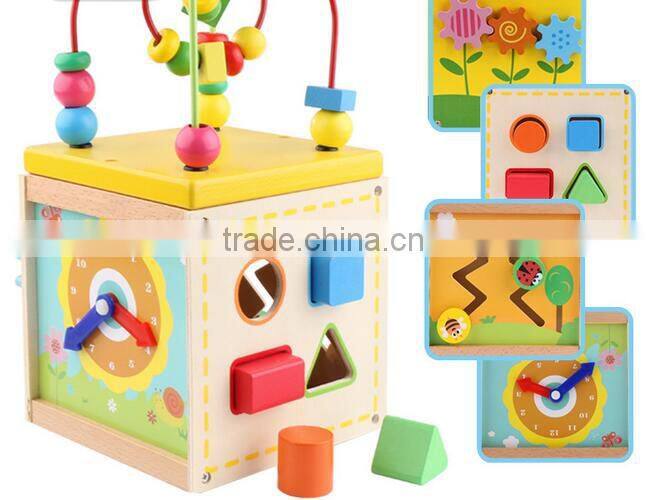 Wooden children's puzzle toy multifunction round bead box clock time cognition toys for kids