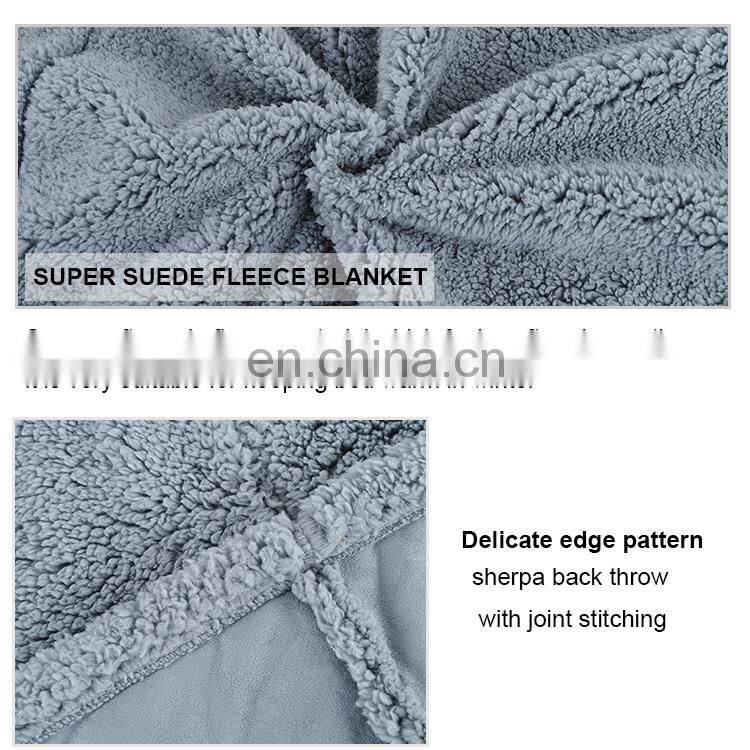 China gold supplier warm soft plain patchwork suede fleece blanket with sherpa back throw custom printed sherpa blankets