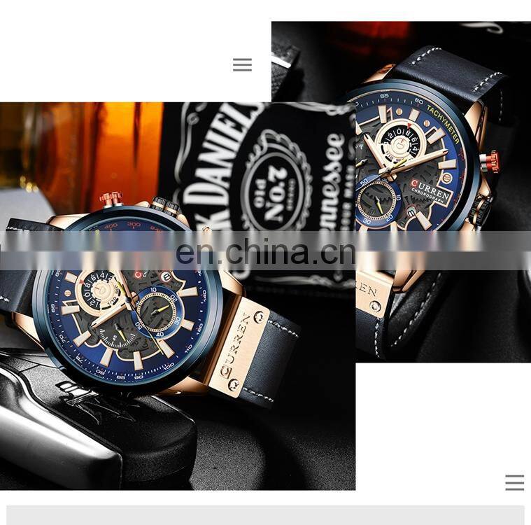 CURREN 8380 Top quality latest three eyes day date leather strap luminous analog quartz watch for men