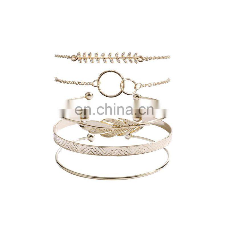 5Pcs/set Bohemian Gold color Moon Leaf Crystal Bracelet Set for Women Punk Boho Beach Bangle Jewelry Gift