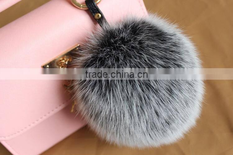 New Arrival Hot Selling 100% Real Fox Fur Pom Pom Leather Key Rings