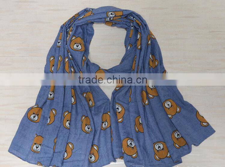New Design Little Bear Printed Cotton Lady Fashion Scarf