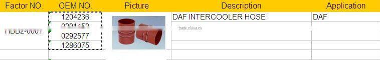 Intercooler Hose for Car-DAF(OEM NO.1204236/ 0291452 /0292577/ 1286075,etc)